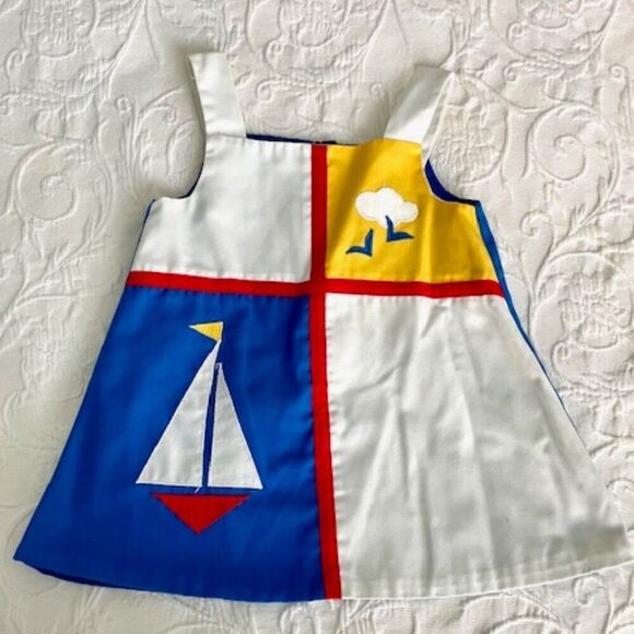 Fischel by Johnston Vintage Retro Sailboat Seaguls Blue Yellow Dress Size 3T - Picture 1 of 5